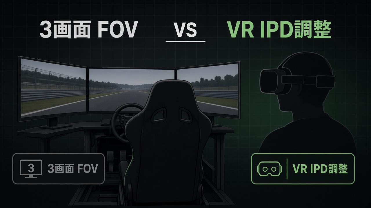 トリプルモニターのコックピットシルエットとVRヘッドセットの比較図。3画面FOVとVRのIPD調整をラベル表示