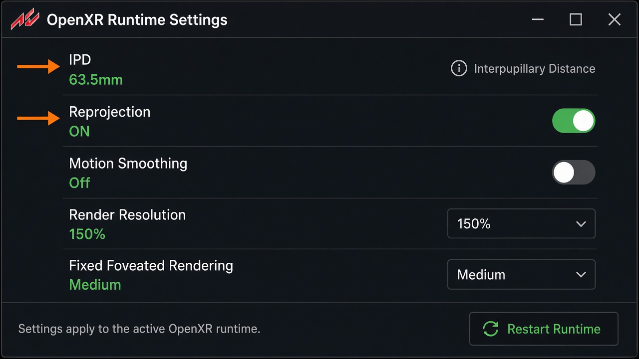 OpenXRランタイム設定パネルのモック。IPD 63.5mm、再投影ON、モーションスムージングOff、レンダー解像度150%などを表示