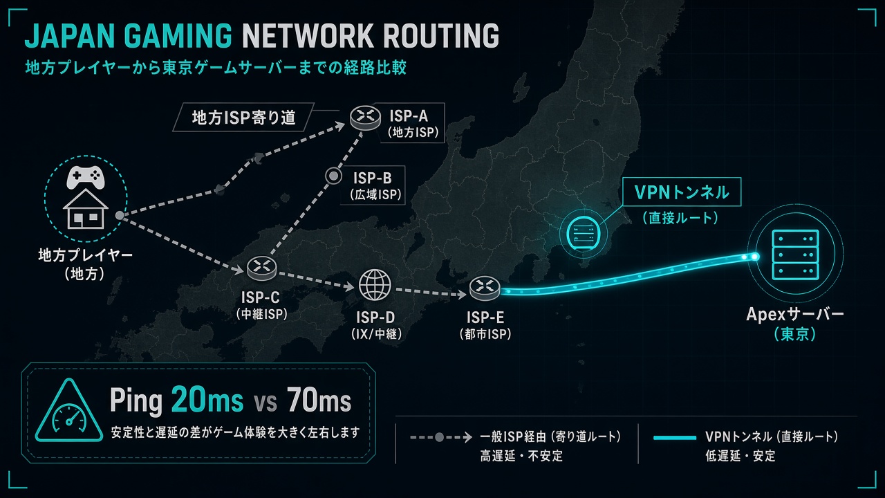 地方ISPの寄り道経路と、VPNトンネルで東京方面サーバーへ短絡する経路の比較図