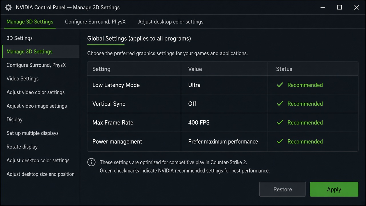 NVIDIAコントロールパネルの3D設定モック。Low Latency Mode Ultra、垂直同期オフ、最大フレームレート400などの推奨行を表示