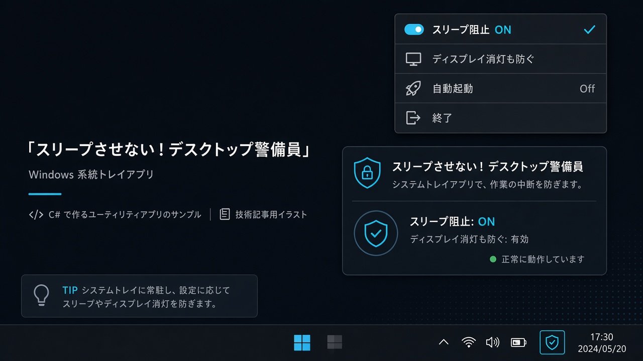 スリープさせない！デスクトップ警備員のトレイメニューUIモック。スリープ阻止ONなどの項目