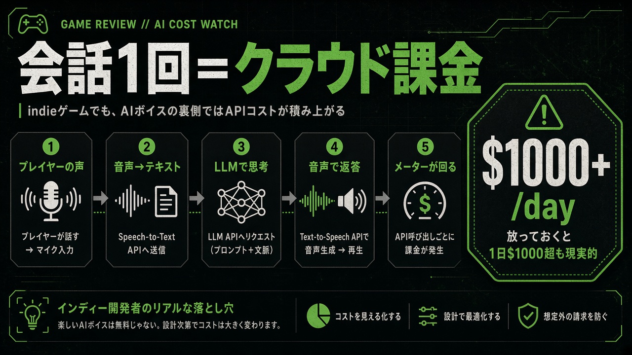 プレイヤーの音声がクラウドAIを経由して課金メーターが回る流れを示した図。会話1回＝クラウド課金、1日1000ドル超の警告表示