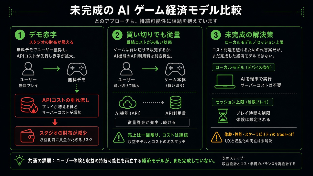 デモ赤字・買い切りでも従量課金が残るモデル・ローカル化など未完成の解決策を並べた比較図