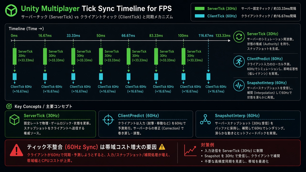 サーバーTick 30Hzとクライアント予測・スナップショット補間の関係を示すタイムライン図